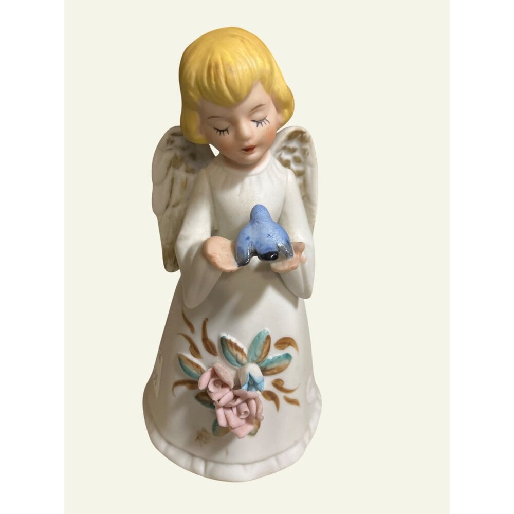 Home Interiors Angel Bell Porcelain Bisque Figurine Holding Blue Bird HOMCO